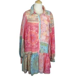 Luxxel Tunic‎ Shirt Dress Womens XL Pink Multi Floral Ruffle Long Sleeve Lined